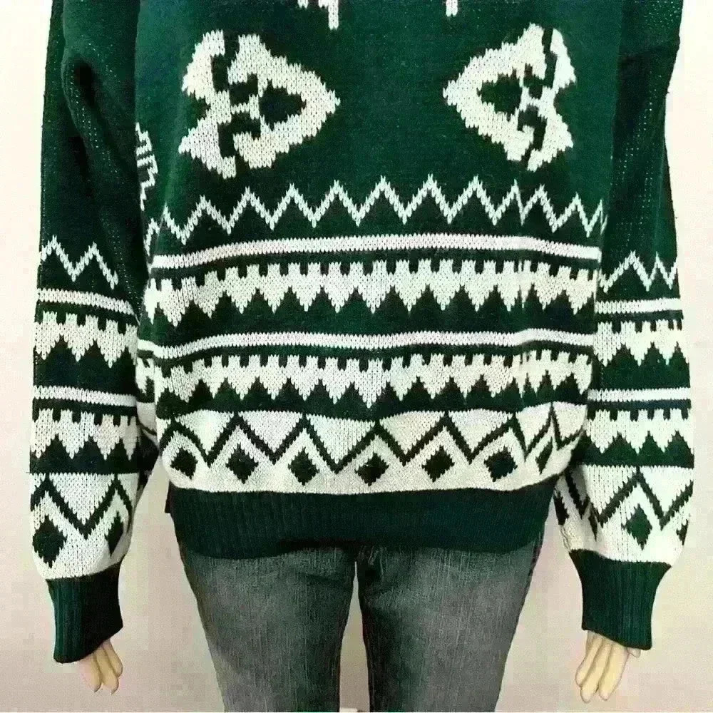 Vintage Bohemian Oversized Multicolored Green Pattern Crew Neck Sweater jumper - Picture 4 of 15